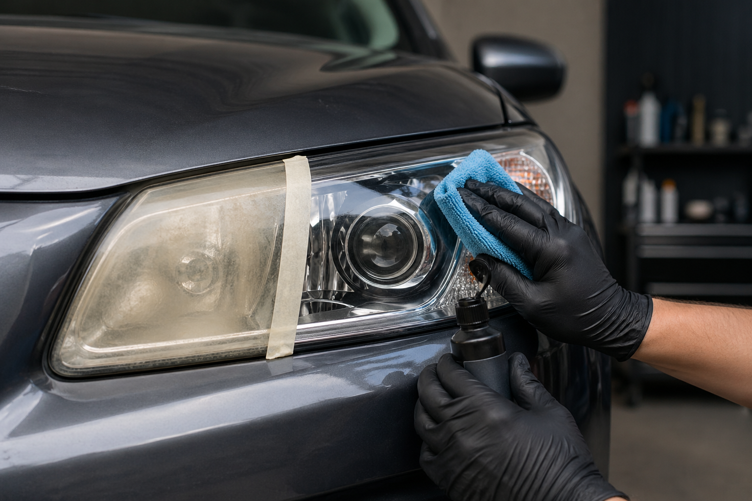 Ponçage d'un phare de voiture jauni avec papier abrasif humide et kit de rénovation